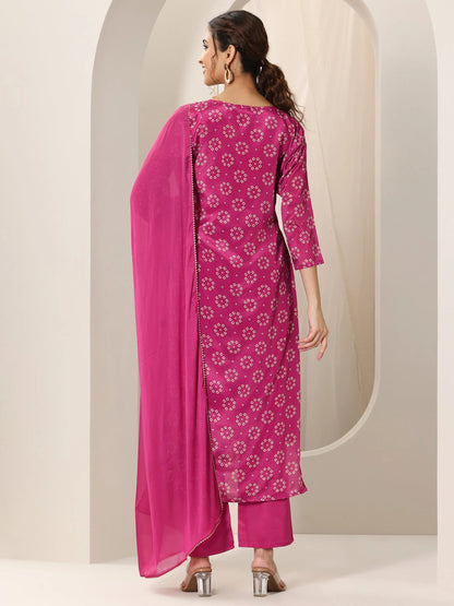 Libas Pink Printed Silk Blend Straight Suit Set With Dupatta
