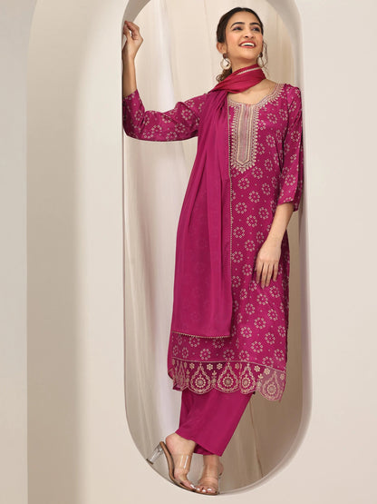 Libas Pink Printed Silk Blend Straight Suit Set With Dupatta