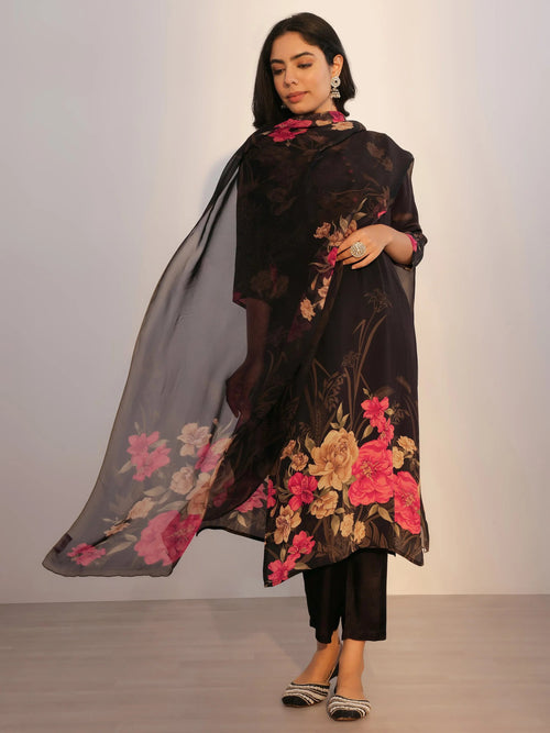 Libas Black Printed Silk Blend Straight Suit With Dupatta