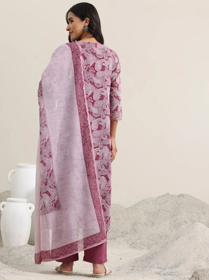Libas Pink Printed Linen Straight Suit With Dupatta