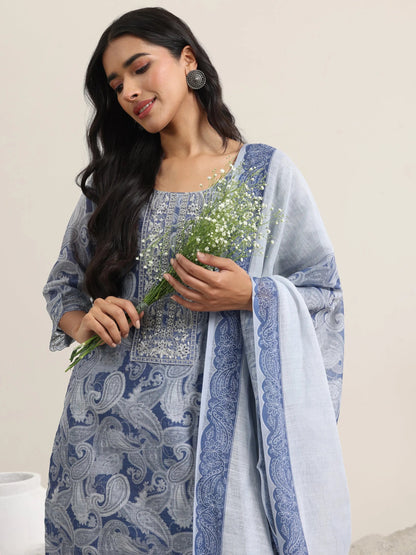 Libas Blue Printed Linen Straight Suit With Dupatta