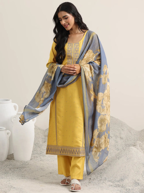 Libas Mustard Printed Cotton Straight Suit With Dupatta