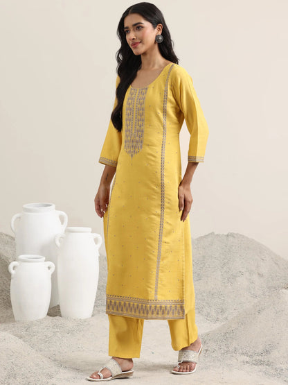 Libas Mustard Printed Cotton Straight Suit With Dupatta