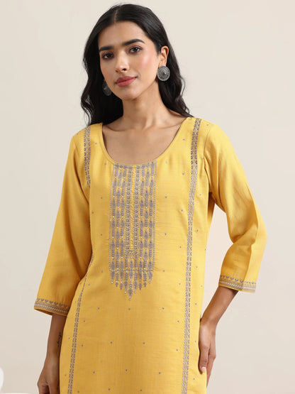 Libas Mustard Printed Cotton Straight Suit With Dupatta