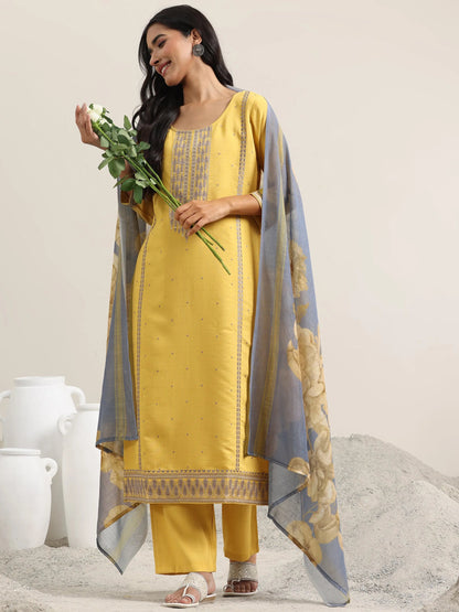 Libas Mustard Printed Cotton Straight Suit With Dupatta