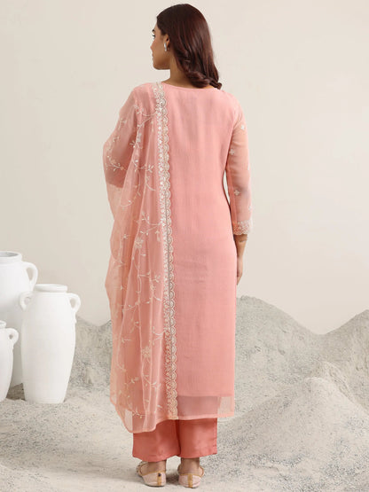 Libas Peach Embroidered Poly Chiffon Straight Suit With Dupatta