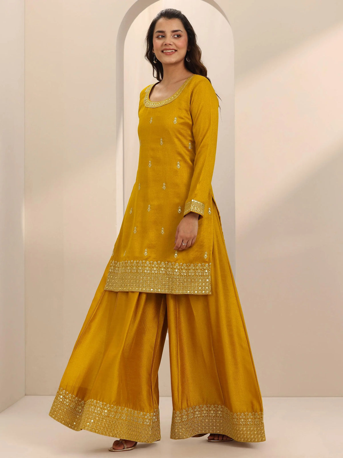 Libas Mustard Embellished Silk Blend Straight Suit Set With Dupatta