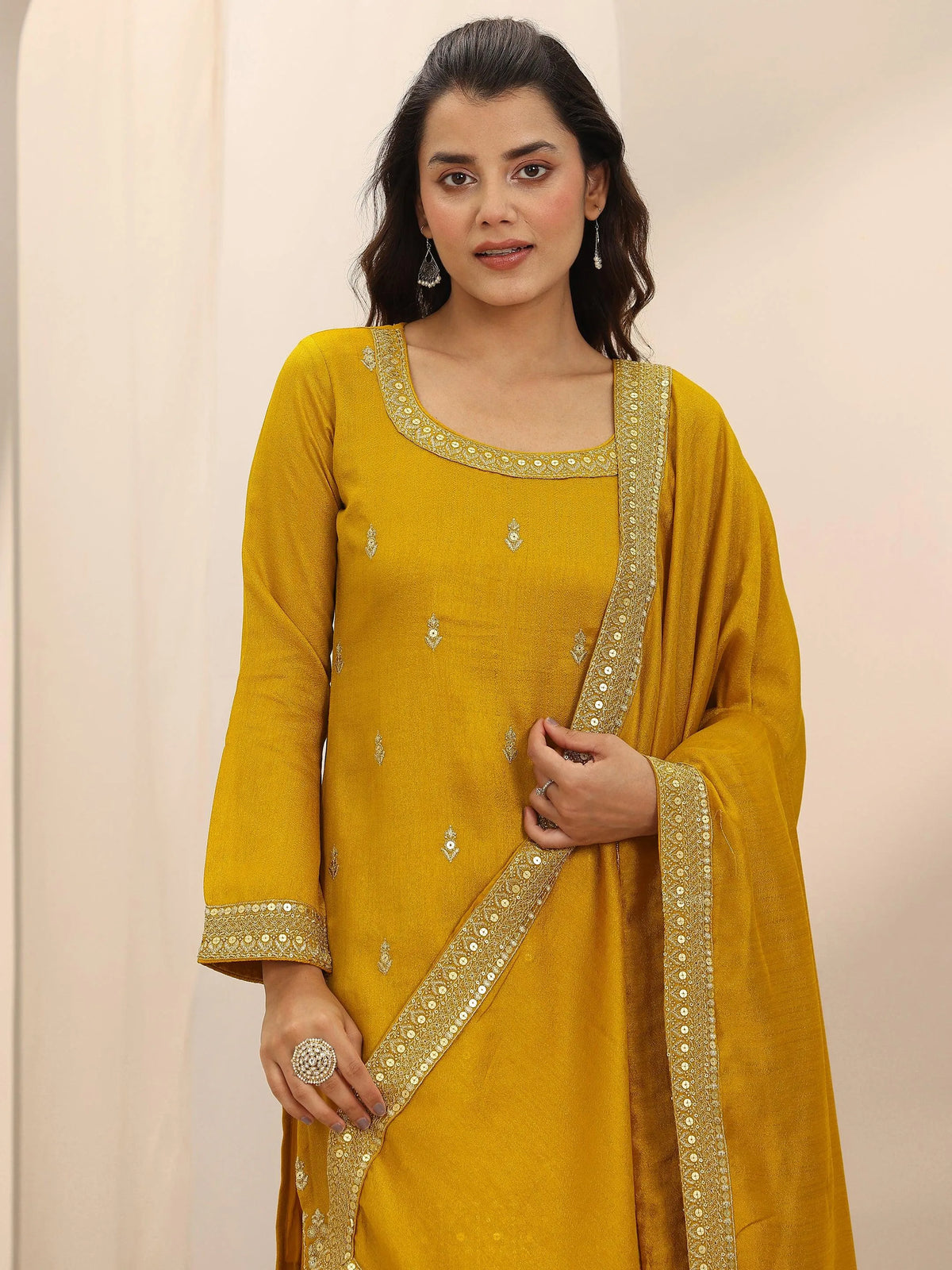 Libas Mustard Embellished Silk Blend Straight Suit Set With Dupatta