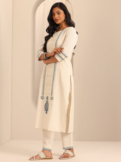 Libas Off White Printed Cotton Blend Straight Suit Set With Dupatta