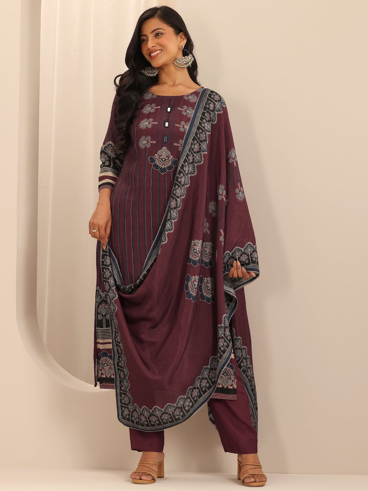 Libas Maroon Printed Cotton Blend Straight Suit Set With Dupatta