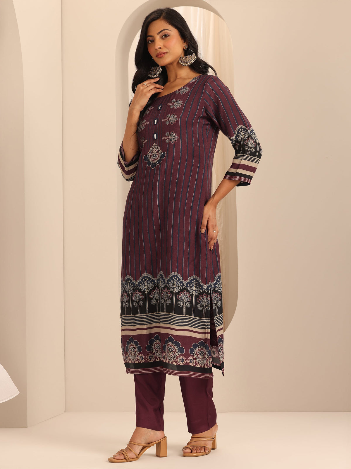 Libas Maroon Printed Cotton Blend Straight Suit Set With Dupatta