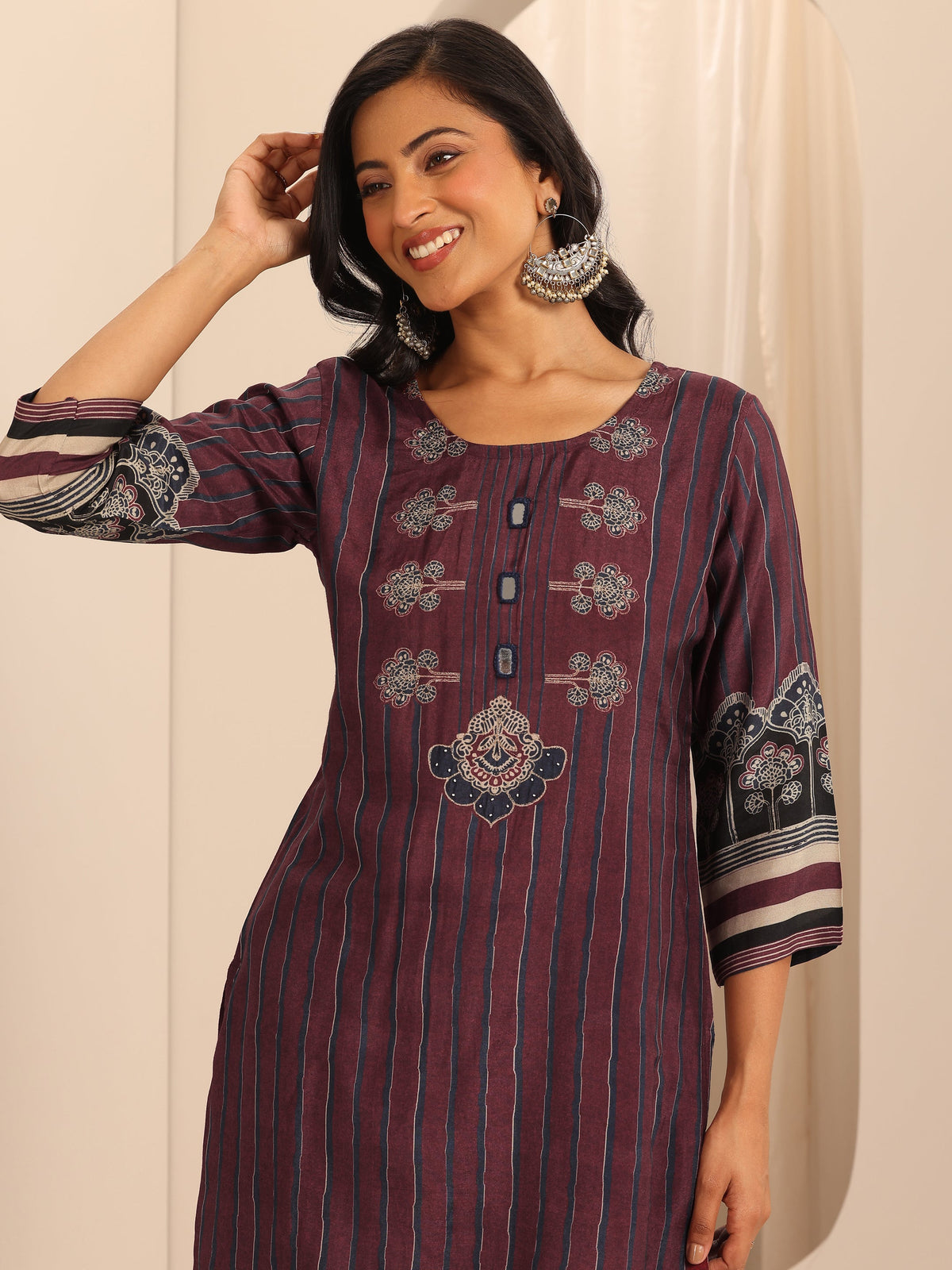 Libas Maroon Printed Cotton Blend Straight Suit Set With Dupatta
