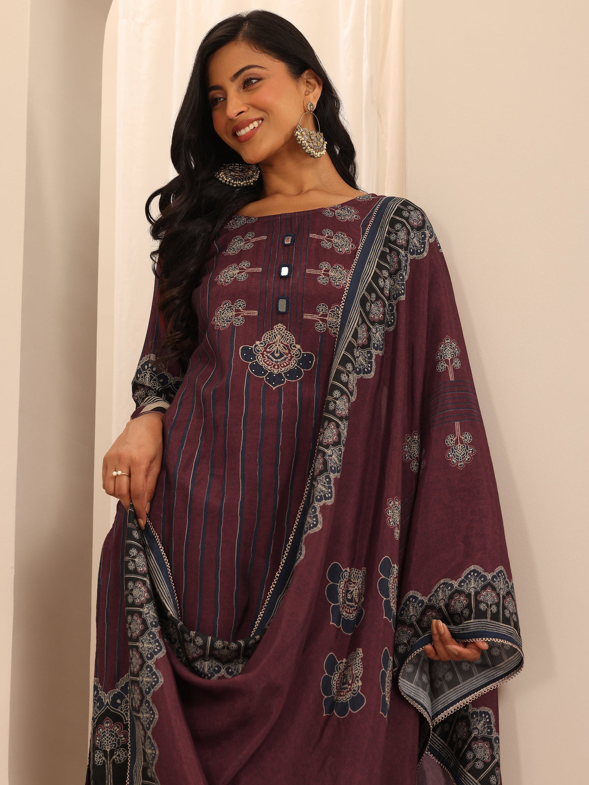 Libas Maroon Printed Cotton Blend Straight Suit Set With Dupatta