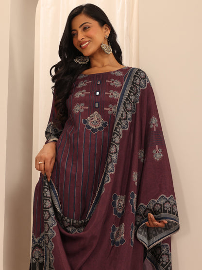 Libas Maroon Printed Cotton Blend Straight Suit Set With Dupatta