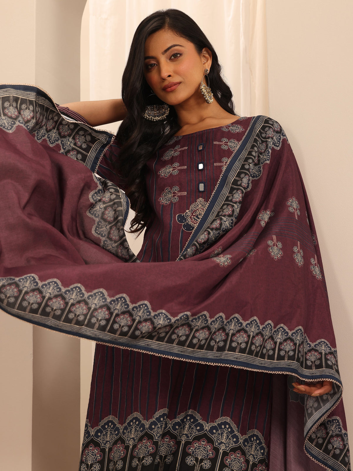Libas Maroon Printed Cotton Blend Straight Suit Set With Dupatta