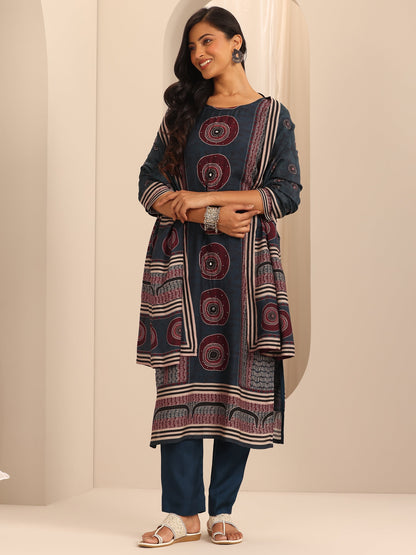 Libas Navy Blue Printed Cotton Blend Straight Suit Set With Dupatta