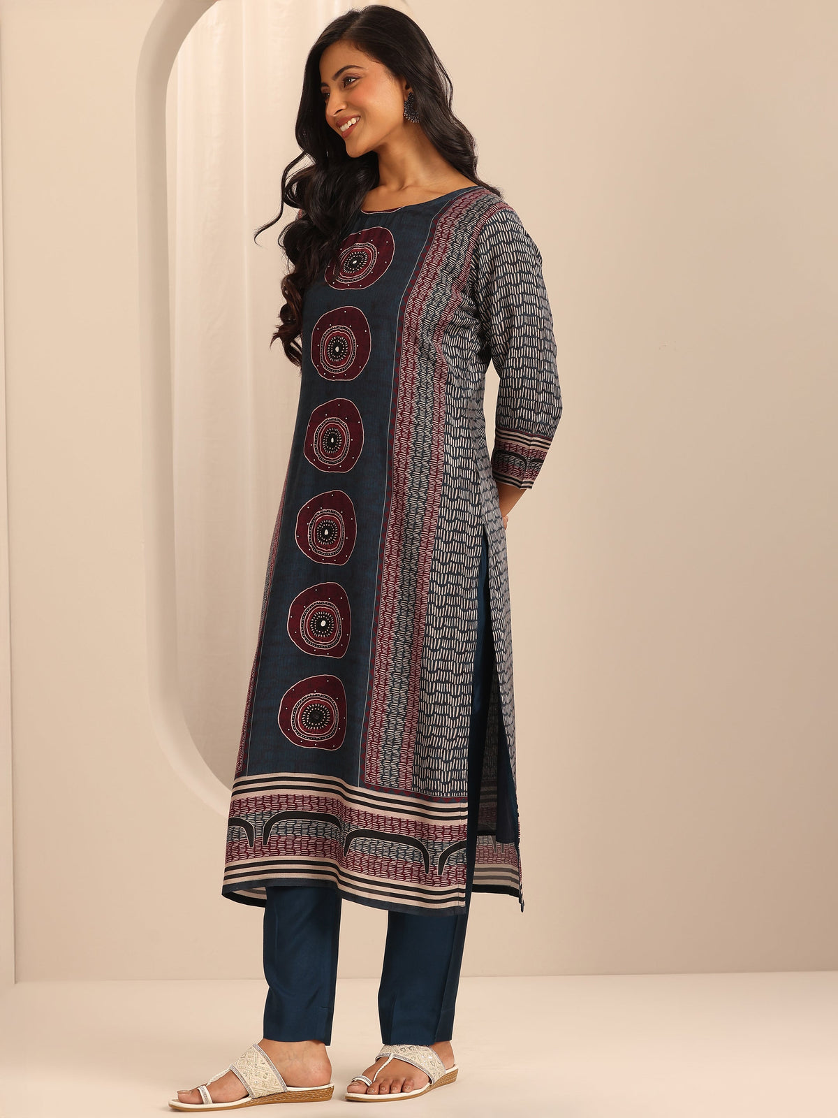 Libas Navy Blue Printed Cotton Blend Straight Suit Set With Dupatta