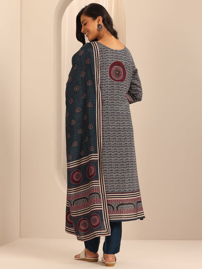 Libas Navy Blue Printed Cotton Blend Straight Suit Set With Dupatta