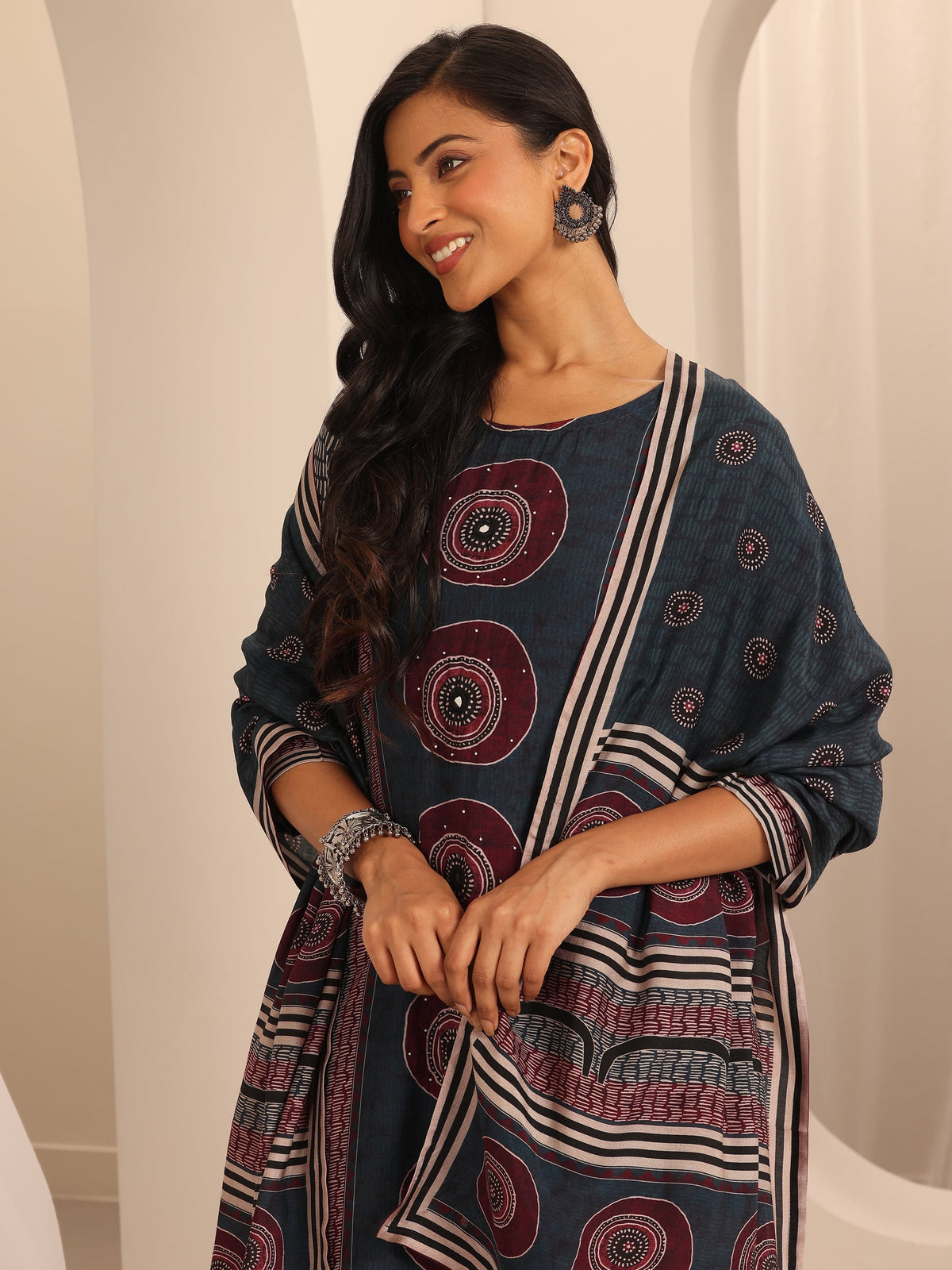 Libas Navy Blue Printed Cotton Blend Straight Suit Set With Dupatta