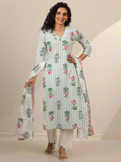 Libas Off White Printed Cotton Straight Suit Sets With Dupatta