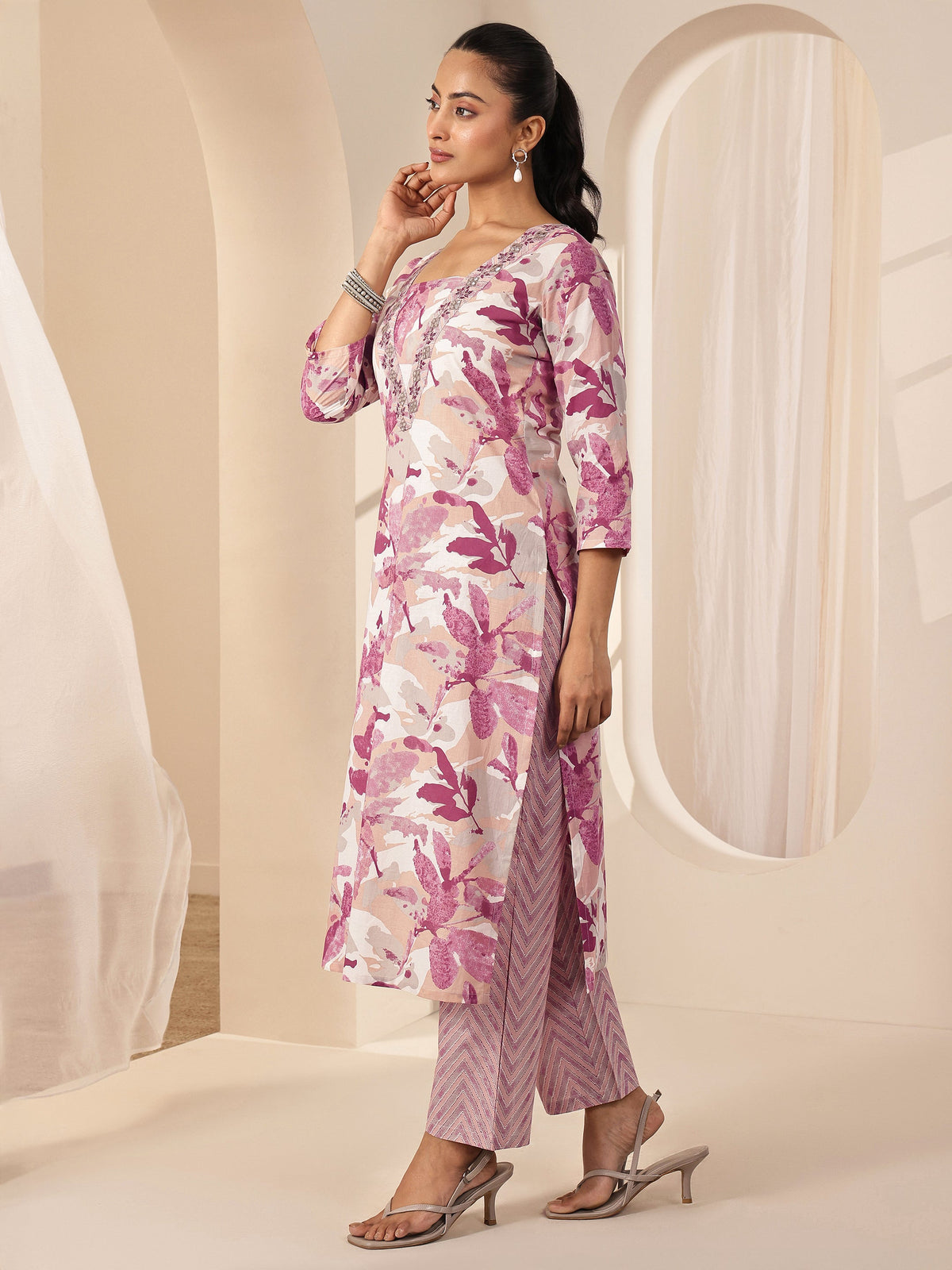 Libas Off White Printed Cotton Straight Suit Sets With Dupatta