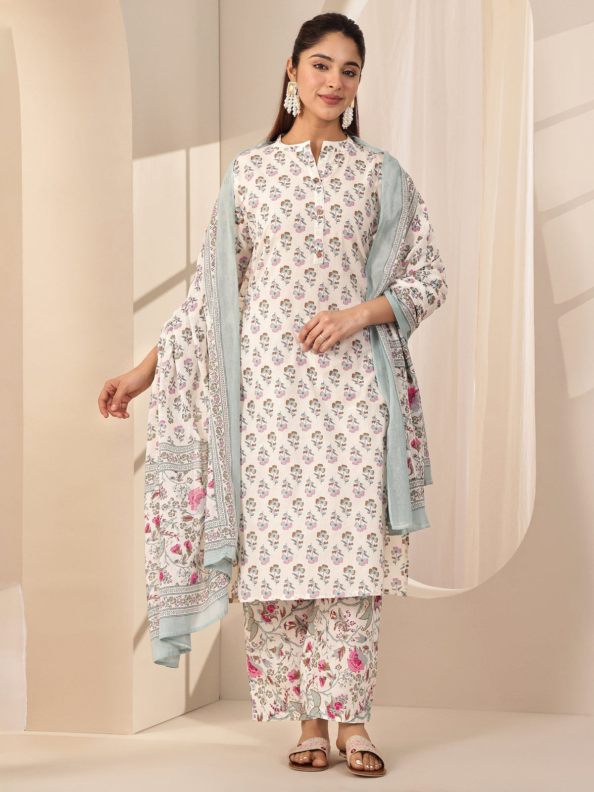 Libas Off White Printed Cotton Straight Suit Sets With Dupatta