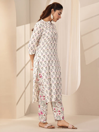 Libas Off White Printed Cotton Straight Suit Sets With Dupatta