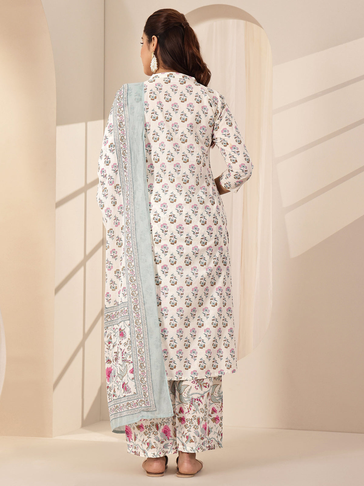 Libas Off White Printed Cotton Straight Suit Sets With Dupatta