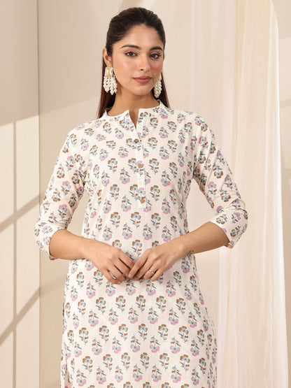 Libas Off White Printed Cotton Straight Suit Sets With Dupatta