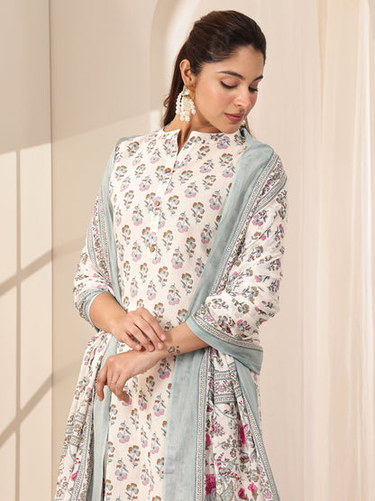 Libas Off White Printed Cotton Straight Suit Sets With Dupatta