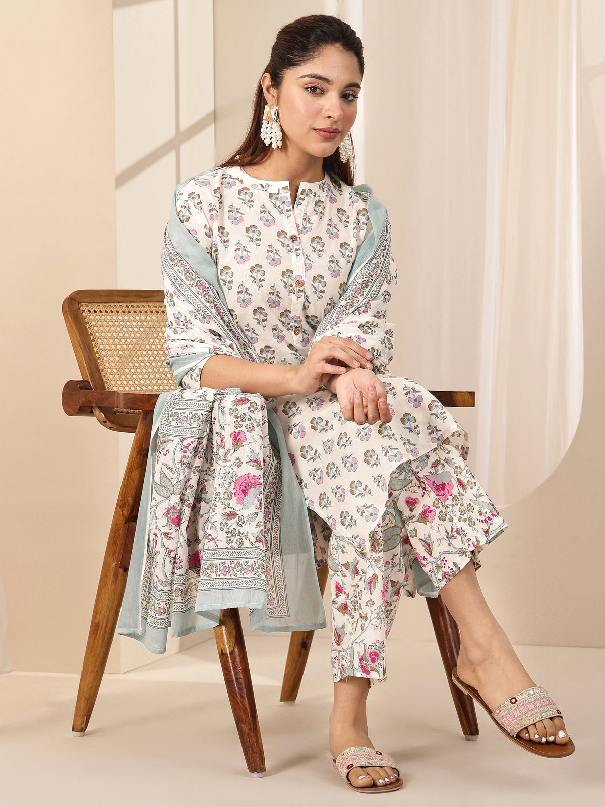 Libas Off White Printed Cotton Straight Suit Sets With Dupatta