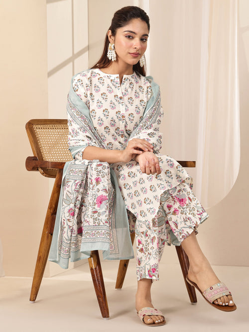 Libas Off White Printed Cotton Straight Suit Sets With Dupatta