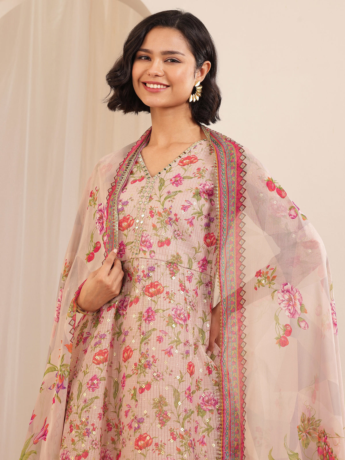 Libas Pink Printed Silk Blend A-line Suit Sets With Dupatta