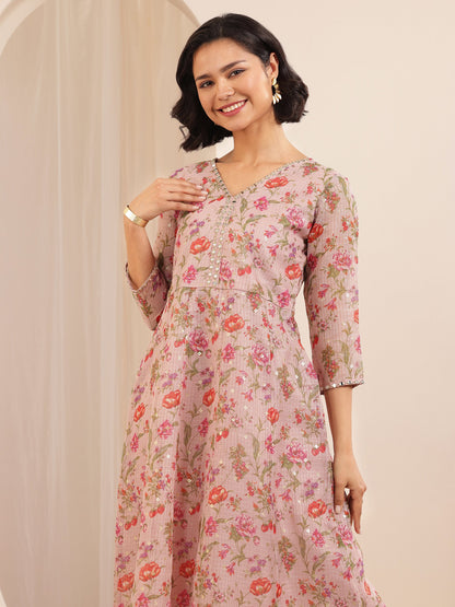 Libas Pink Printed Silk Blend A-line Suit Sets With Dupatta