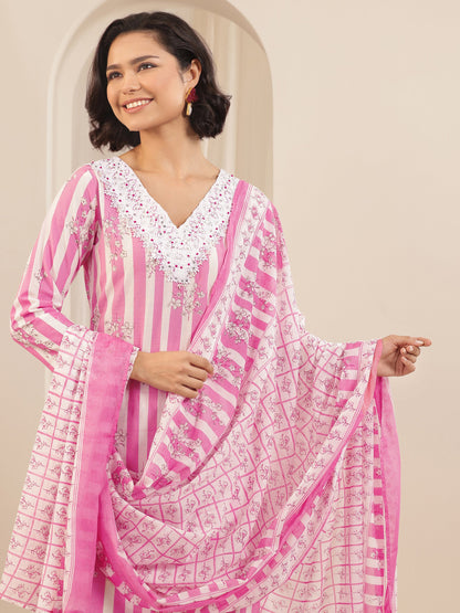 Libas Pink Printed Cotton Straight Suit Sets With Dupatta
