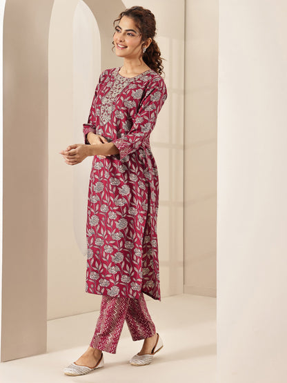 Libas Maroon Printed Cotton Blend Straight Suit Sets With Dupatta