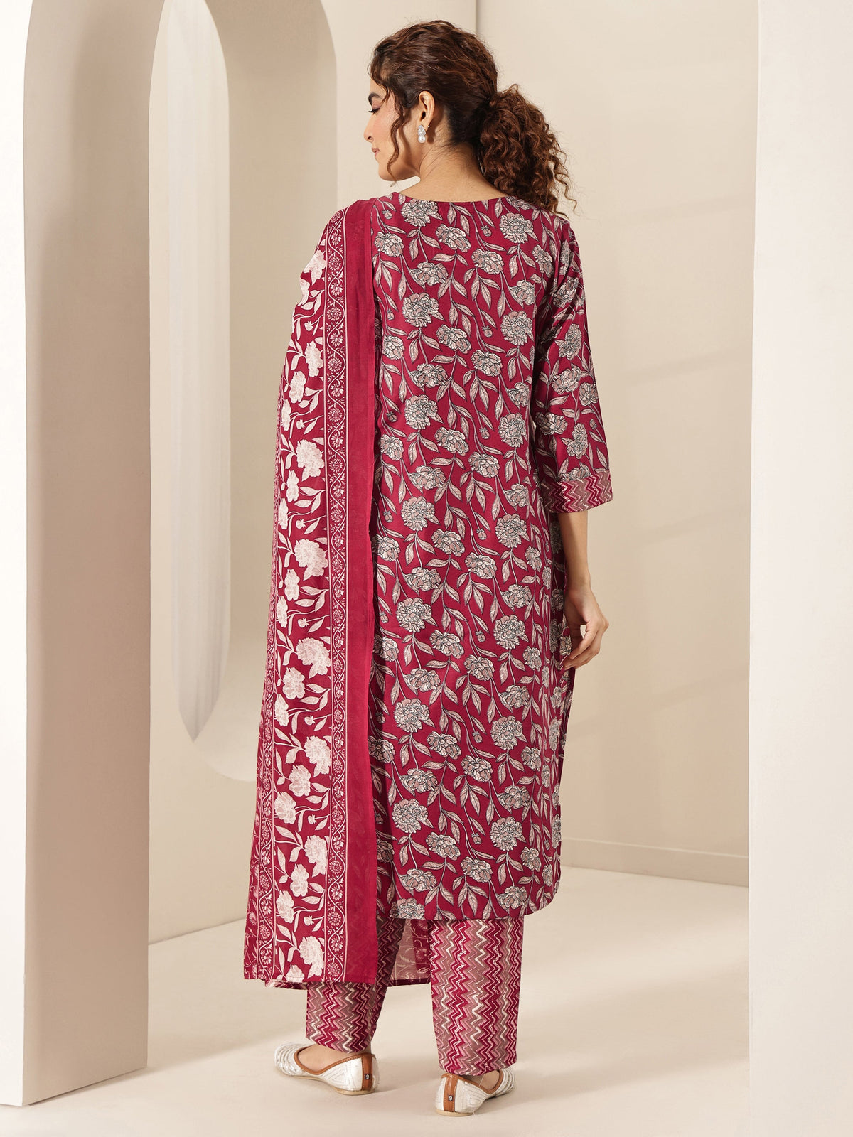 Libas Maroon Printed Cotton Blend Straight Suit Sets With Dupatta