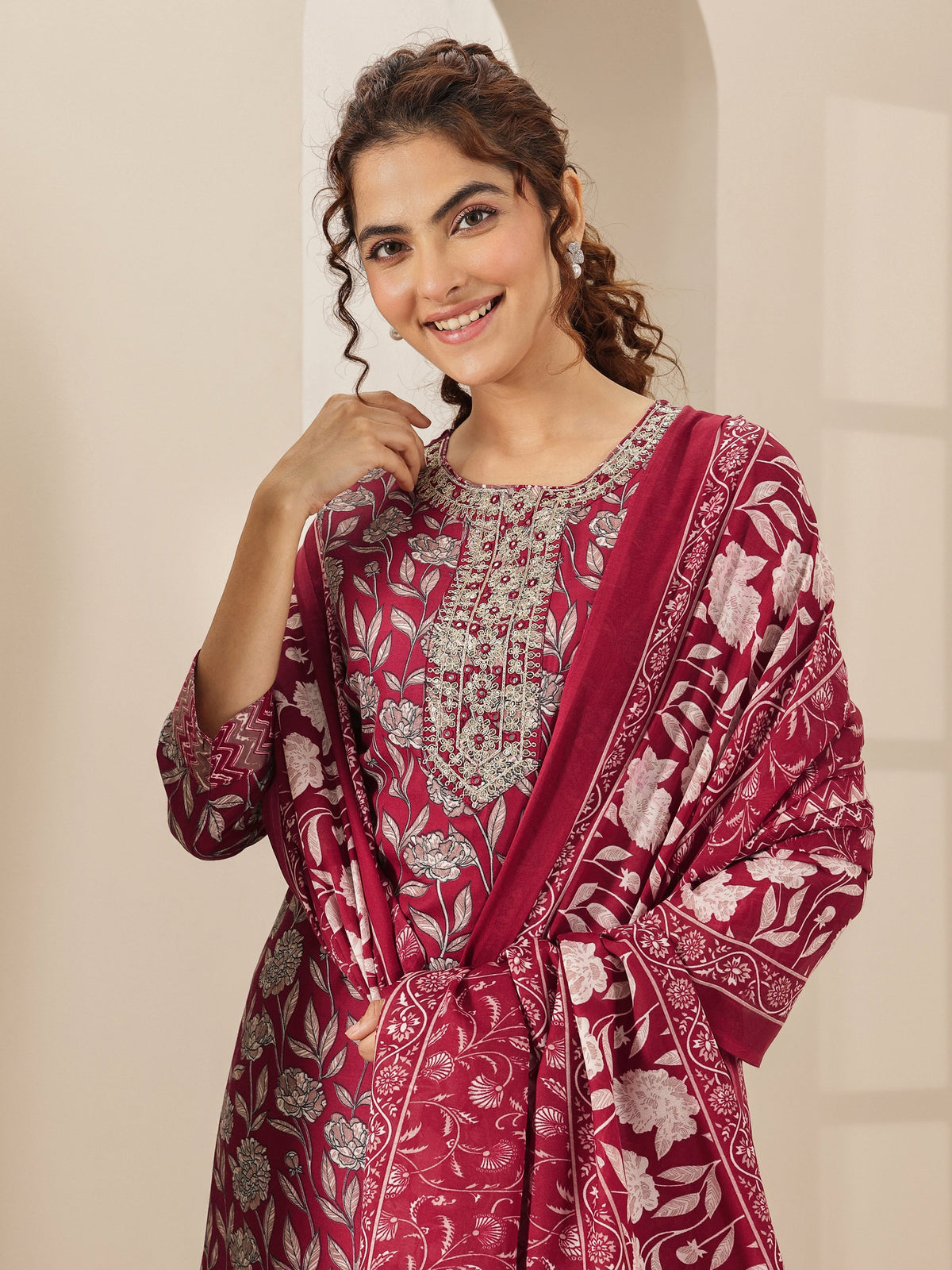 Libas Maroon Printed Cotton Blend Straight Suit Sets With Dupatta