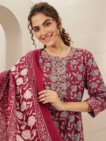 Libas Maroon Printed Cotton Blend Straight Suit Sets With Dupatta