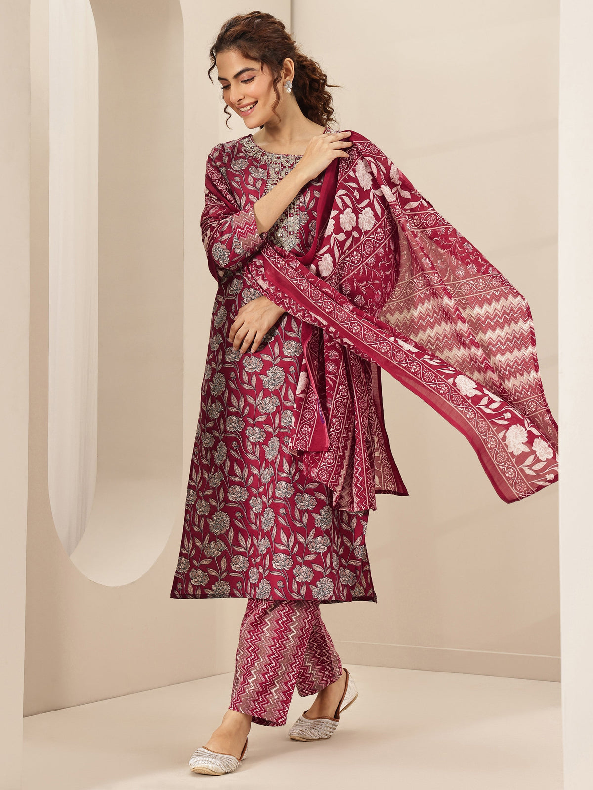 Libas Maroon Printed Cotton Blend Straight Suit Sets With Dupatta