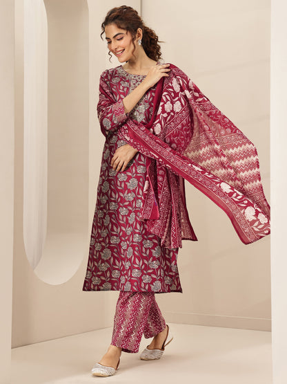 Libas Maroon Printed Cotton Blend Straight Suit Sets With Dupatta
