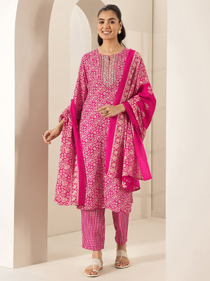 Libas Pink Printed Cotton Blend Straight Suit Sets With Dupatta