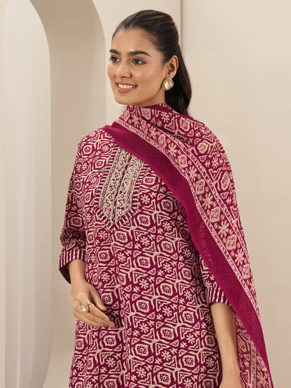 Libas Maroon Printed Cotton Blend Straight Suit Sets With Dupatta
