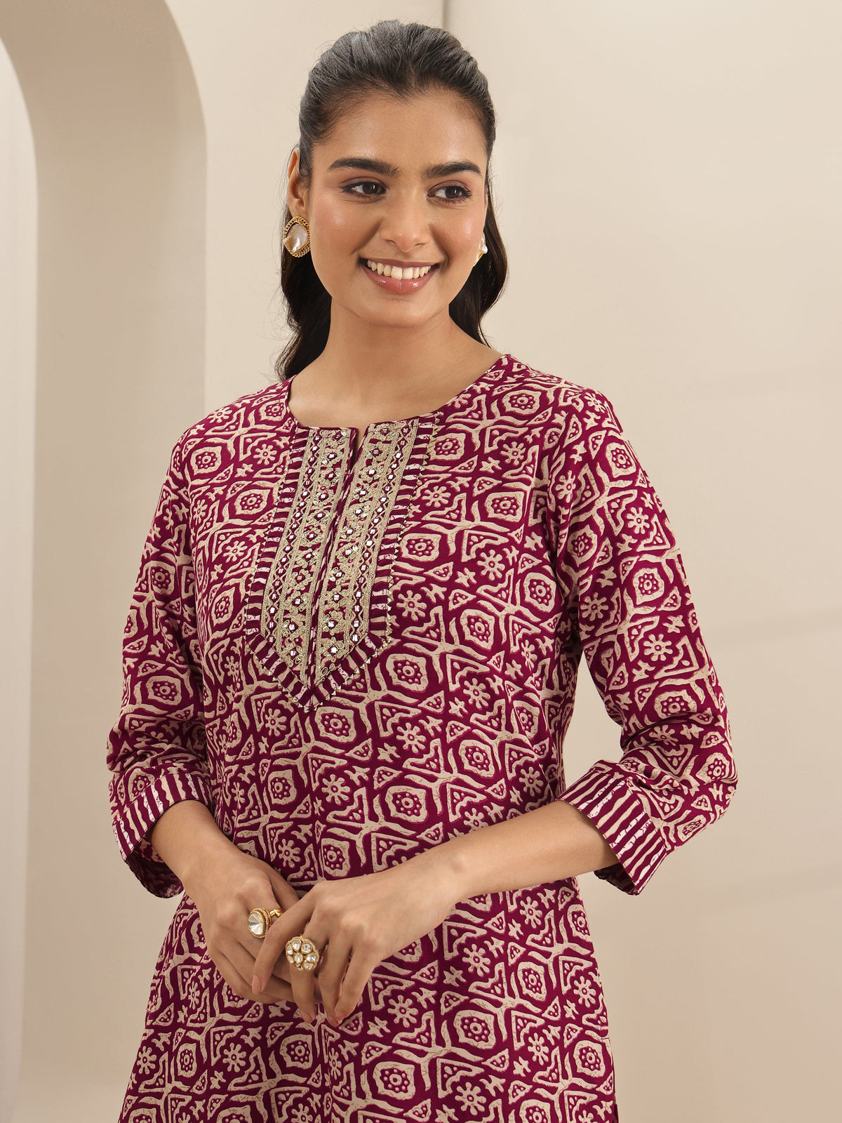 Libas Maroon Printed Cotton Blend Straight Suit Sets With Dupatta