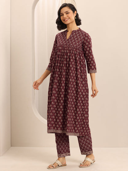 Libas Maroon Printed Cotton Blend Anarkali Suit Set With Dupatta