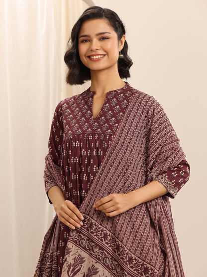 Libas Maroon Printed Cotton Blend Anarkali Suit Set With Dupatta