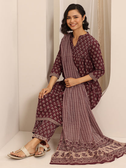 Libas Maroon Printed Cotton Blend Anarkali Suit Set With Dupatta