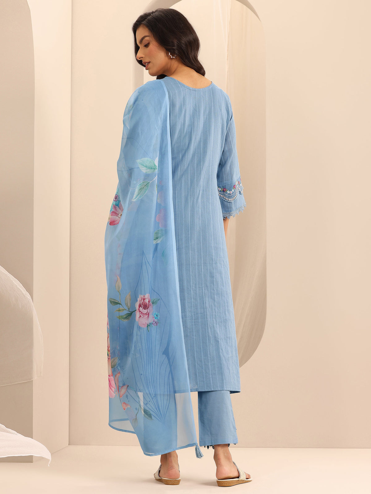 Libas Blue Embroidered Cotton Blend A-line Suit Set With Dupatta
