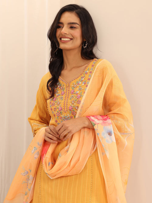 Libas Mustard Embroidered Cotton Blend A-line Suit Set With Dupatta