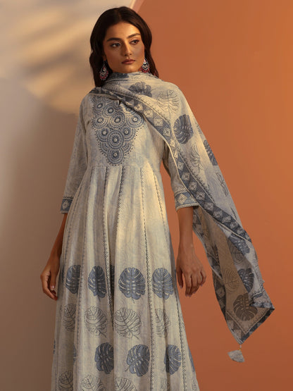 Libas Off White Embroidered Cotton Anarkali Suit Set With Dupatta